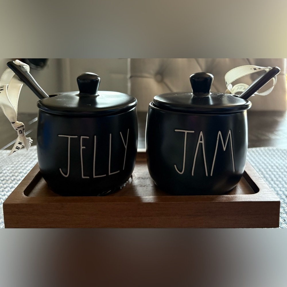 Rae Dunn Black Jelly and Jam Ceramic Jars with Wooden Tray